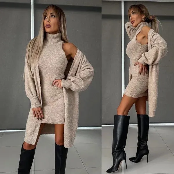 2Pcs Knitt Fleece-lined Off shoulder Long Sweater and Mini Dresses