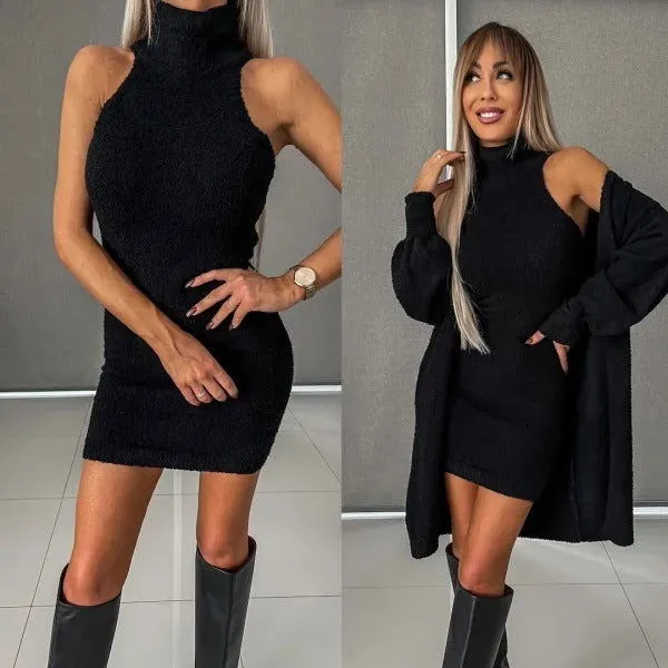 2Pcs Knitt Fleece-lined Off shoulder Long Sweater and Mini Dresses