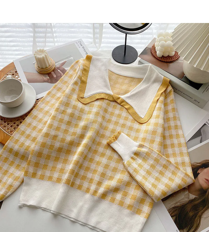 Aging sweet contrast checked doll collar Pullover Top  6678