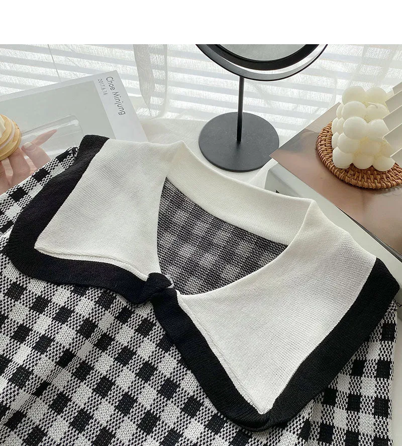 Aging sweet contrast checked doll collar Pullover Top  6678