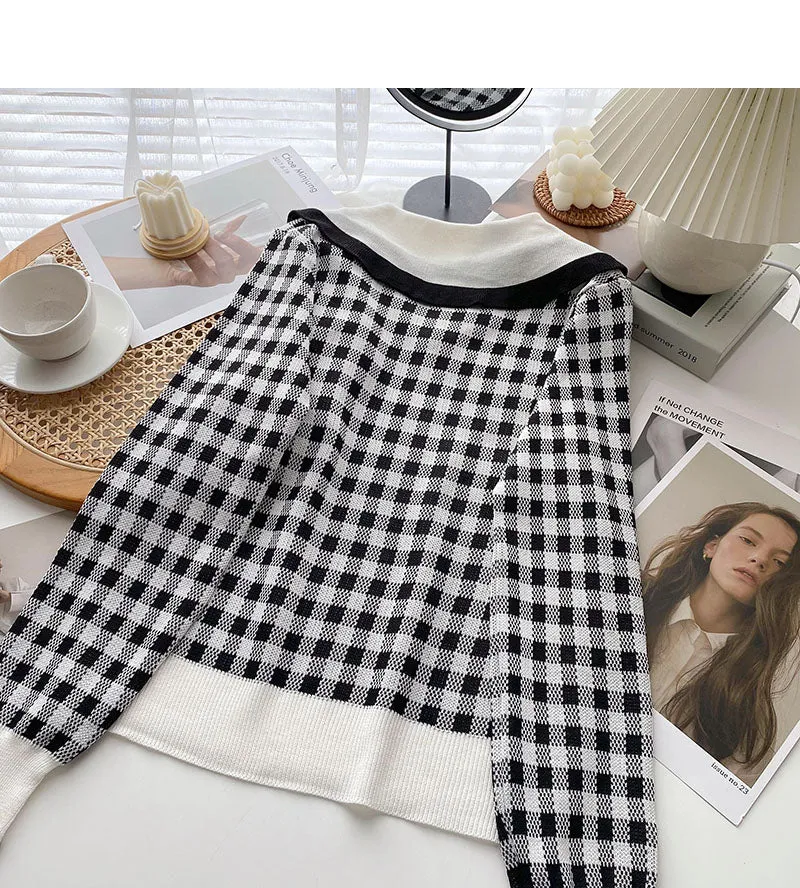 Aging sweet contrast checked doll collar Pullover Top  6678