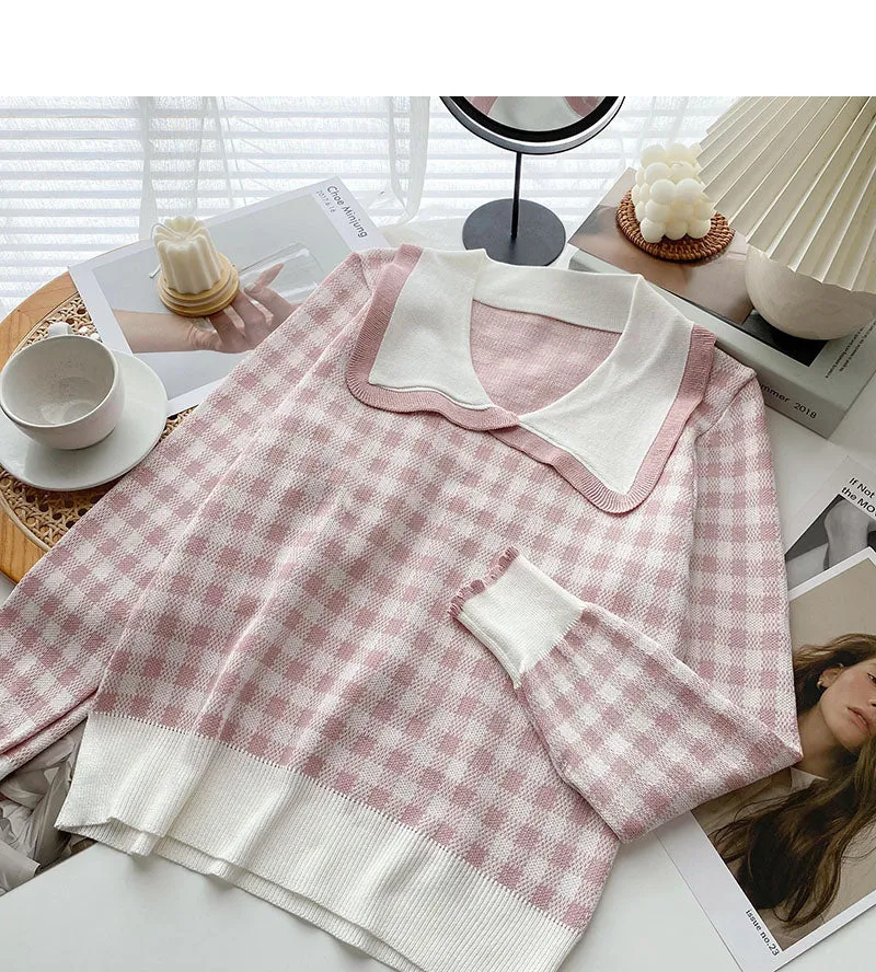 Aging sweet contrast checked doll collar Pullover Top  6678