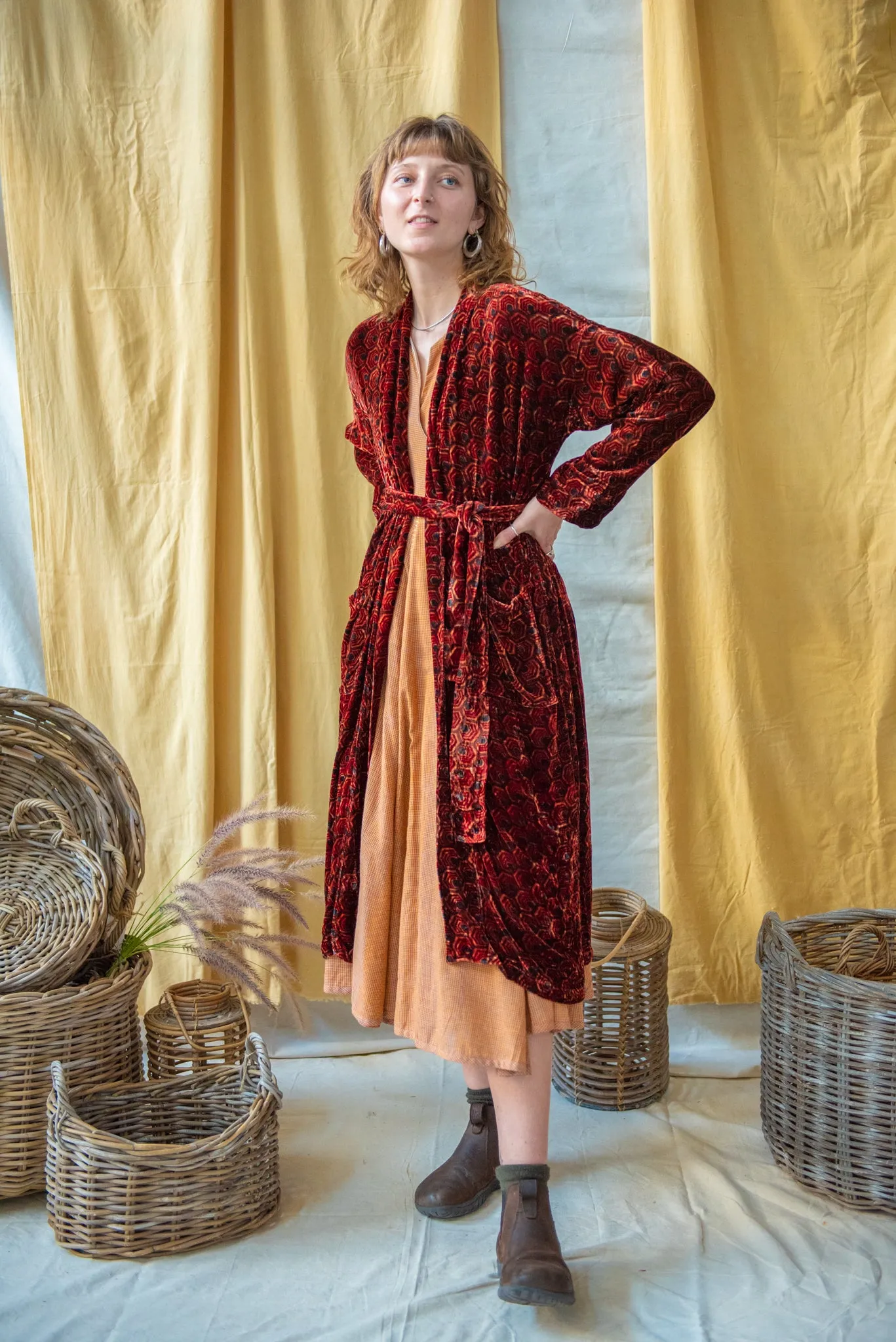 Ajrakh Silk Velvet Long Coat with Belt Madder/Indigo Hexagon