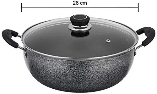 Amazon Brand SOLIMO - NON STICK KADHAI WITH GLASS LID (26 CM, HAMMERTONE FINISH, 3 COAT, 2.9 MM THICKNESS)