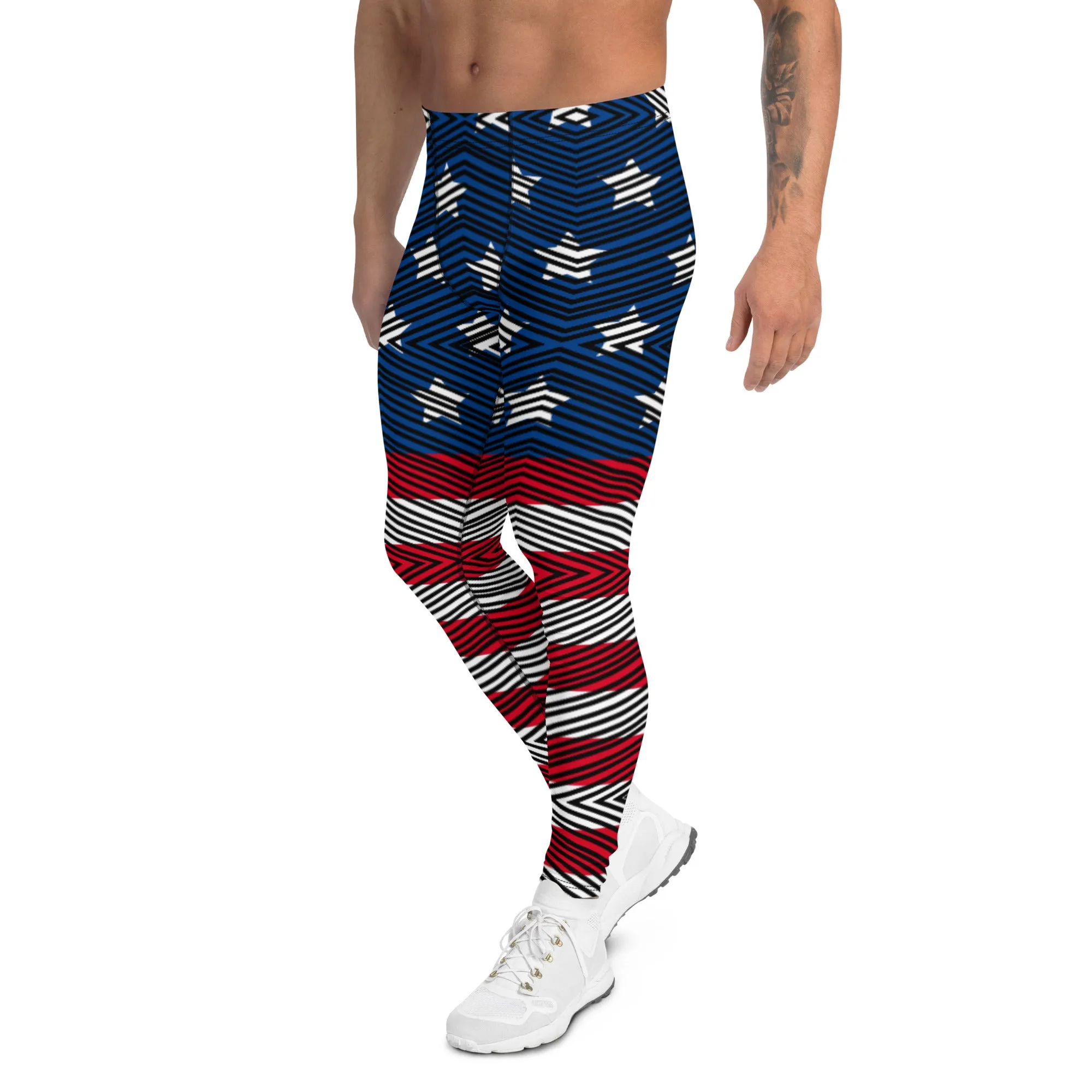 American Flag Striped Men's Leggings, US National Holiday Party Meggings Premium Tights-Made in USA/EU/MX