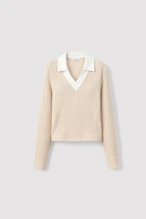 Ancien | Women's Old Money Knitted Woolen Slim Rib Knit Polo Sweater