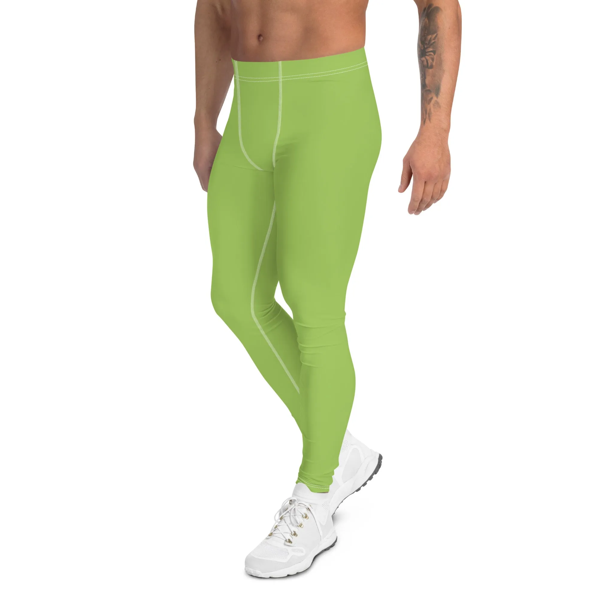 Apple Green Color Men's Leggings, Solid Color Green Premium Designer Men's Tight Pants - Made in USA/EU/MX