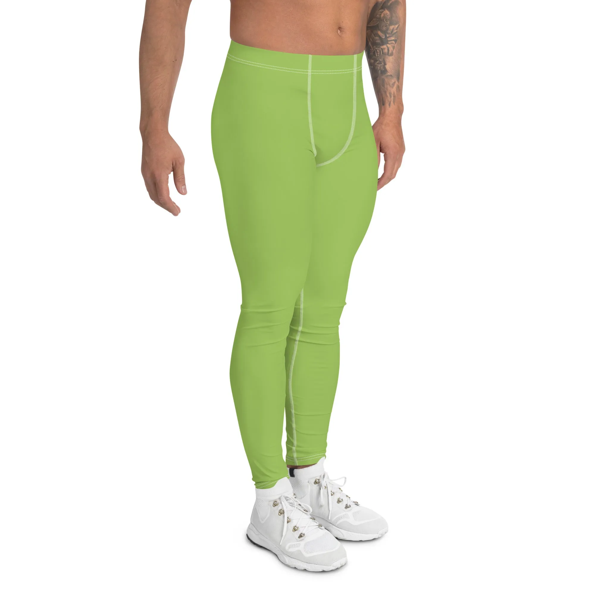 Apple Green Color Men's Leggings, Solid Color Green Premium Designer Men's Tight Pants - Made in USA/EU/MX