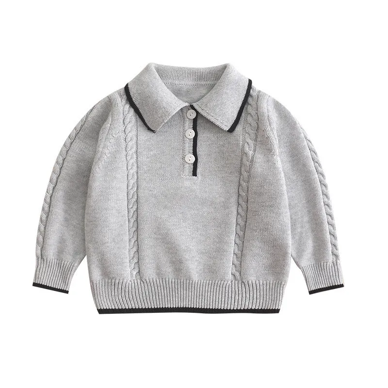 Baby Boy Solid Color Quarter Button Design Polo Neck College Style Pullover Sweater by MyKids-USA™