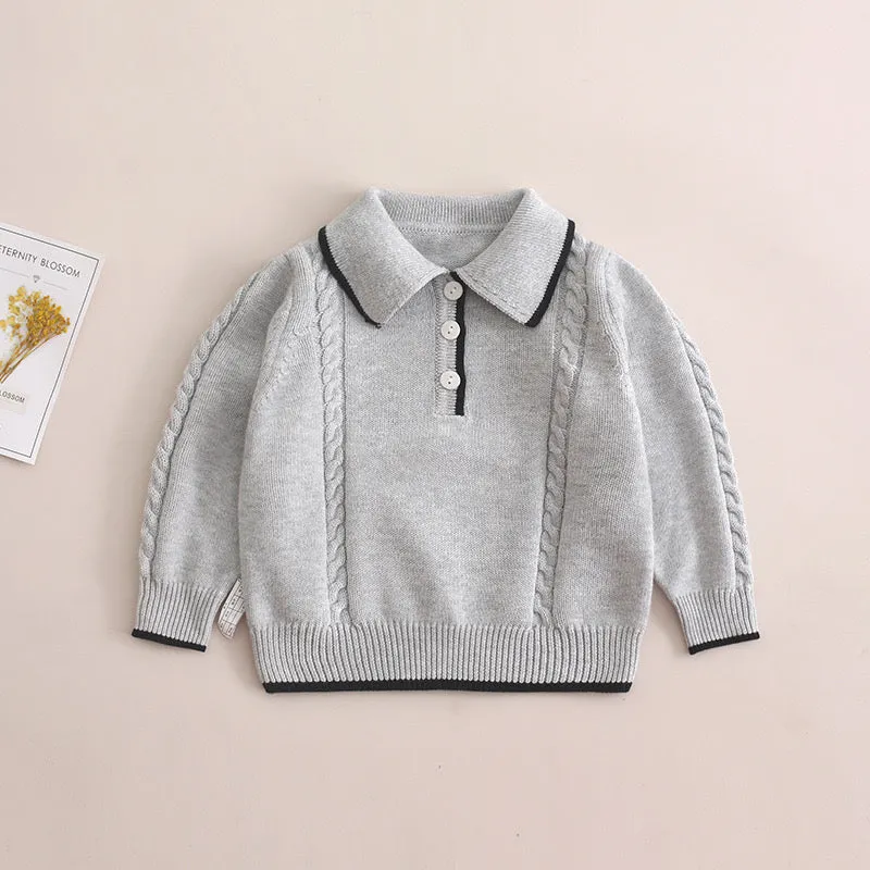 Baby Boy Solid Color Quarter Button Design Polo Neck College Style Pullover Sweater by MyKids-USA™