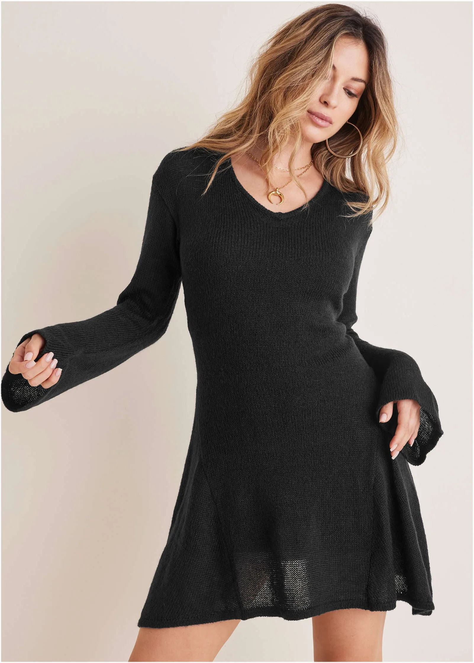 Bell Sleeve Sweater Dress - Black