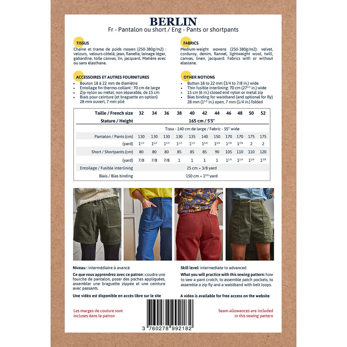 BERLIN - Pants or shortpants - Women 32-52 - Paper Sewing Pattern