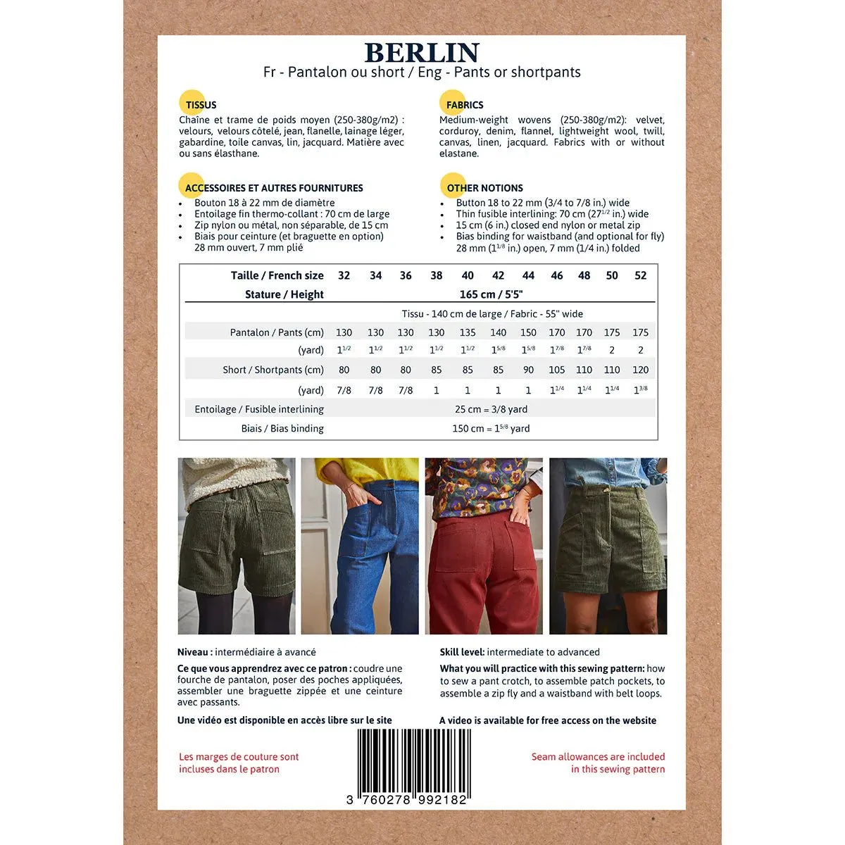 BERLIN Pants or Shorts - Women 34/52 Paper Sewing Pattern - Ikatee