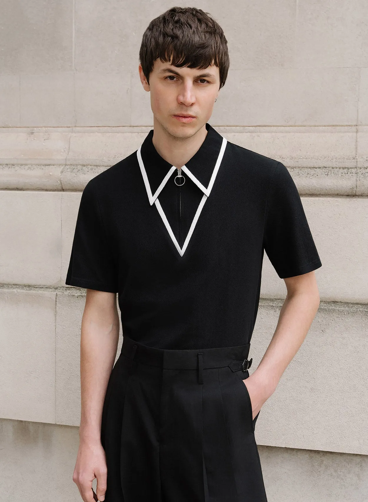 Black Carnaby Circle Zip Cotton Polo Shirt