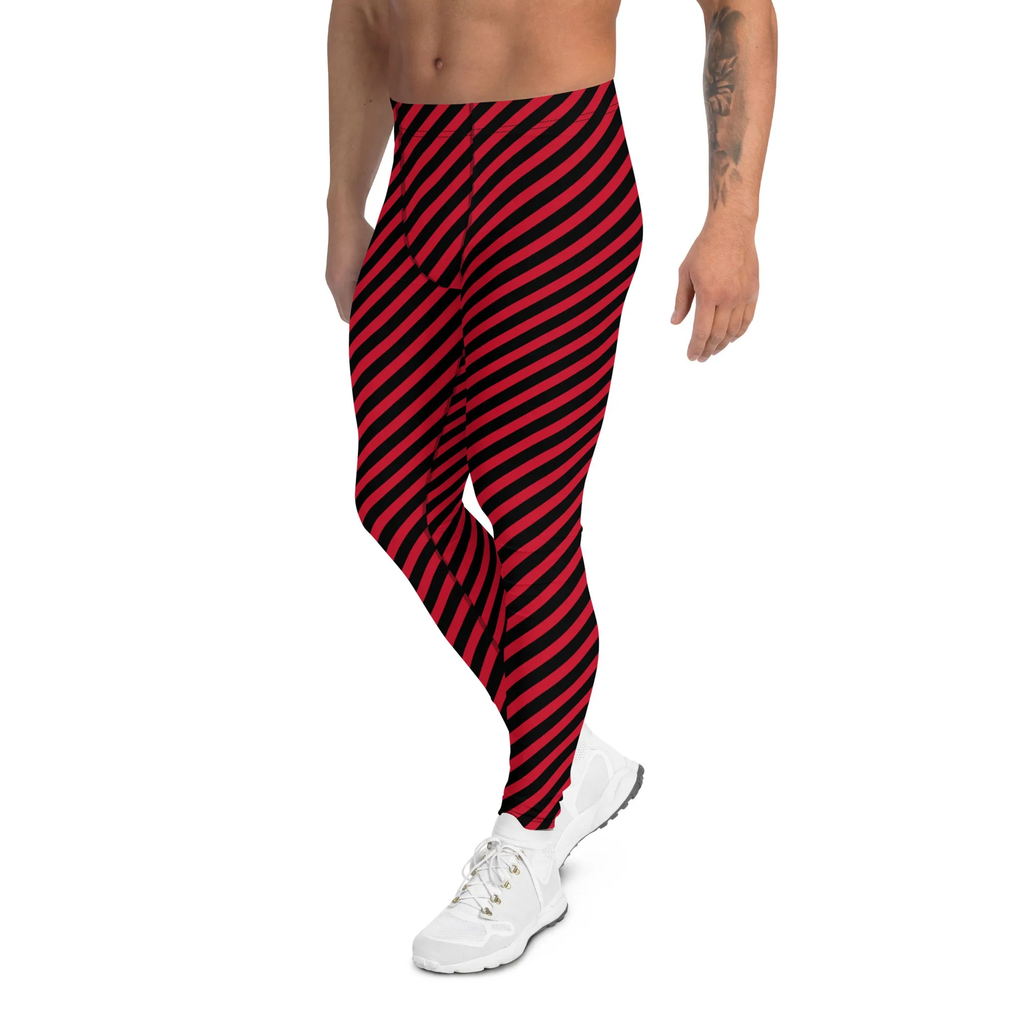 Black Red Diagonal Striped Meggings, Colorful Best Compression Tights For Men - Made in USA/EU/MX