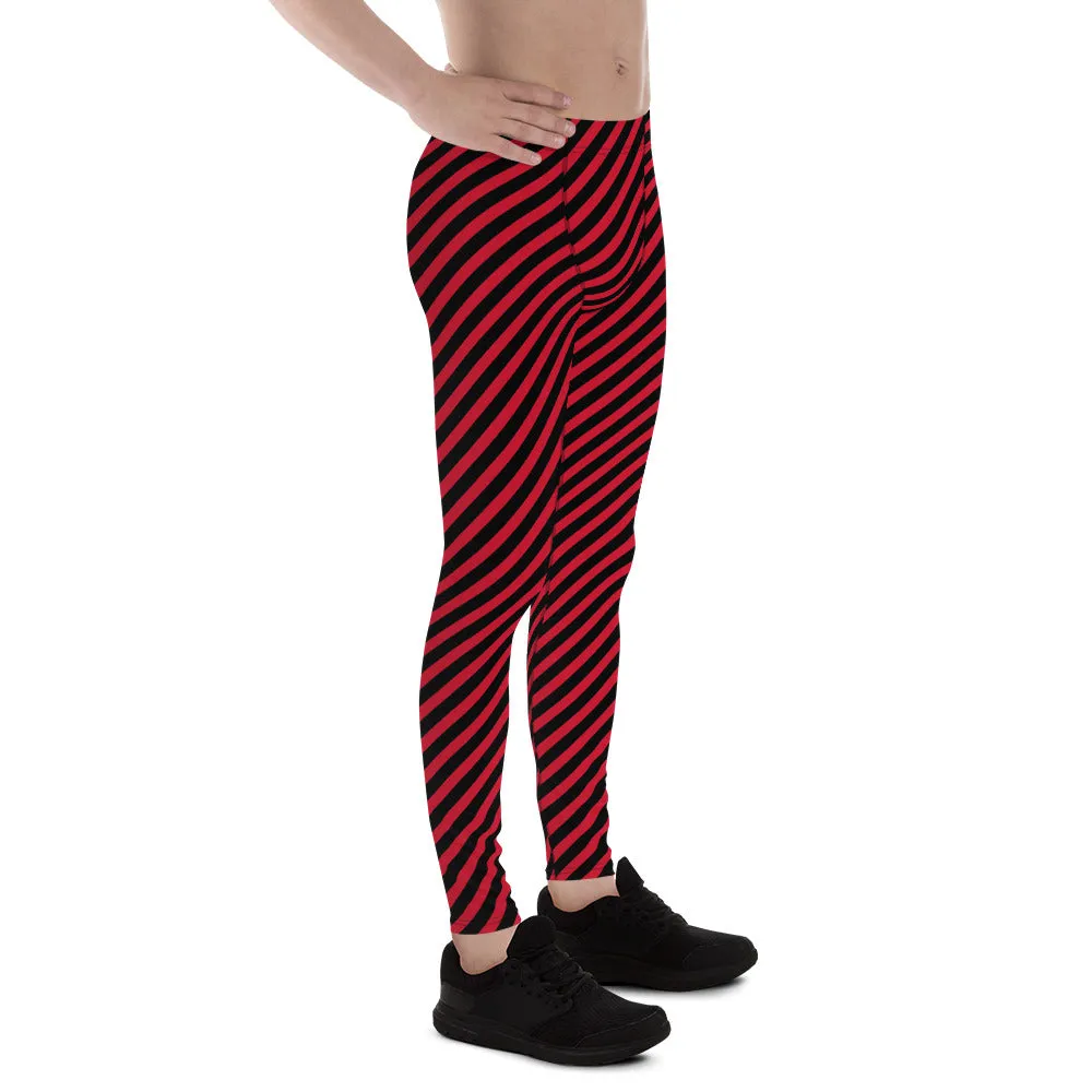 Black Red Diagonal Striped Meggings, Colorful Best Compression Tights For Men - Made in USA/EU/MX