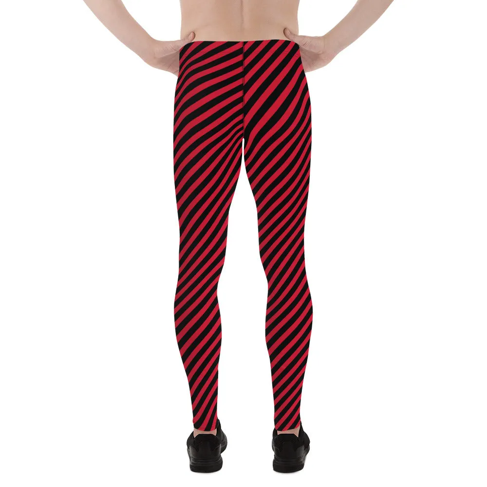 Black Red Diagonal Striped Meggings, Colorful Best Compression Tights For Men - Made in USA/EU/MX