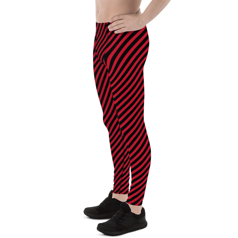 Black Red Diagonal Striped Meggings, Colorful Best Compression Tights For Men - Made in USA/EU/MX