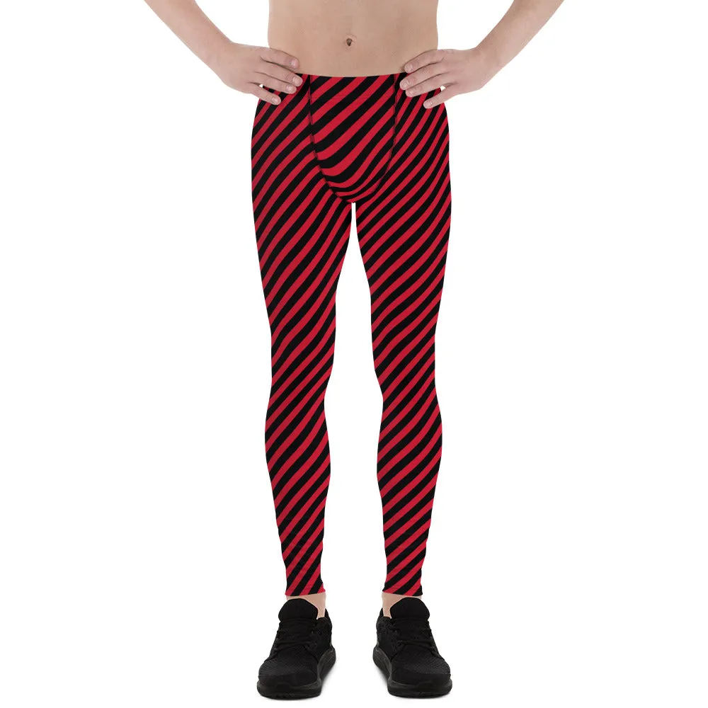 Black Red Diagonal Striped Meggings, Colorful Best Compression Tights For Men - Made in USA/EU/MX