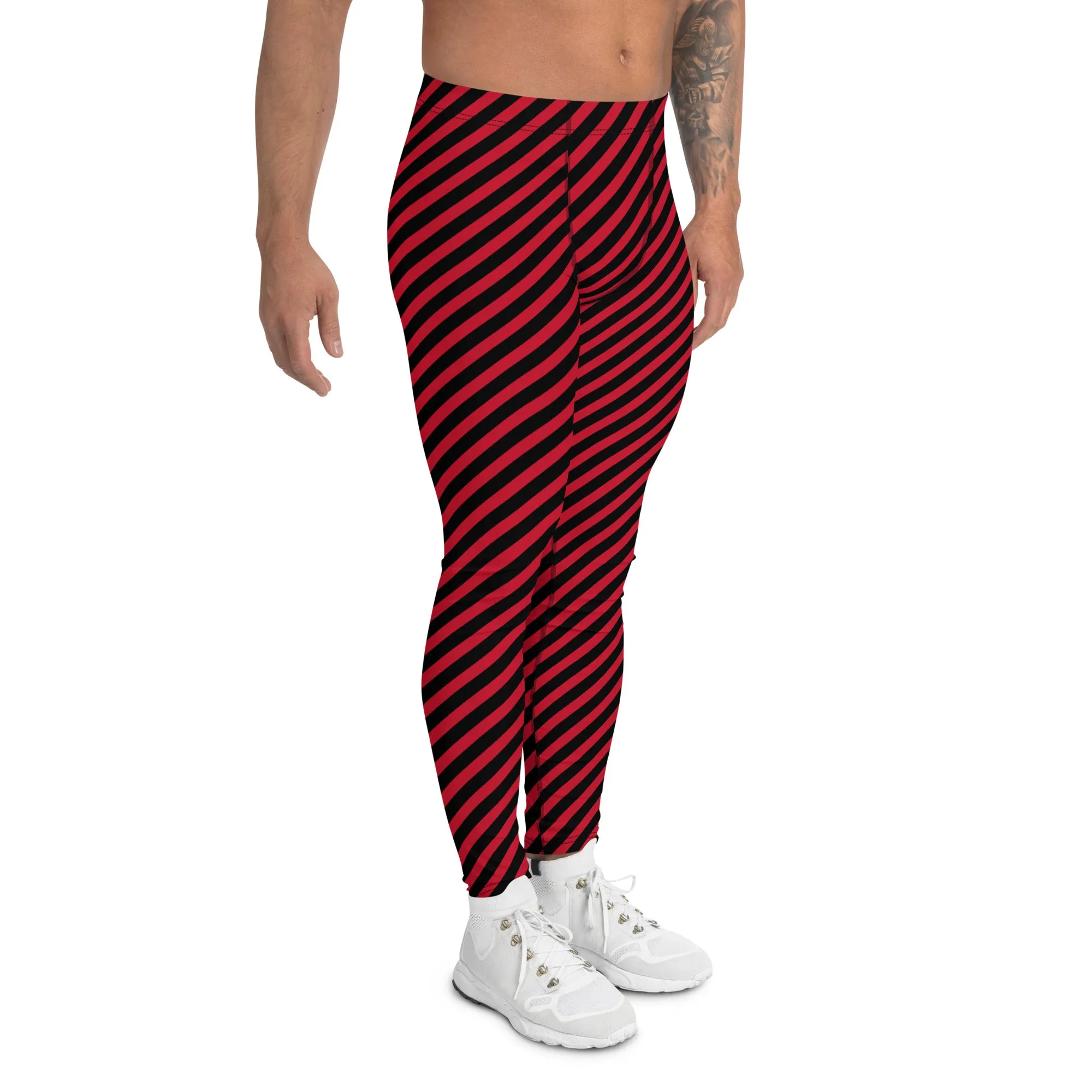 Black Red Diagonal Striped Meggings, Colorful Best Compression Tights For Men - Made in USA/EU/MX