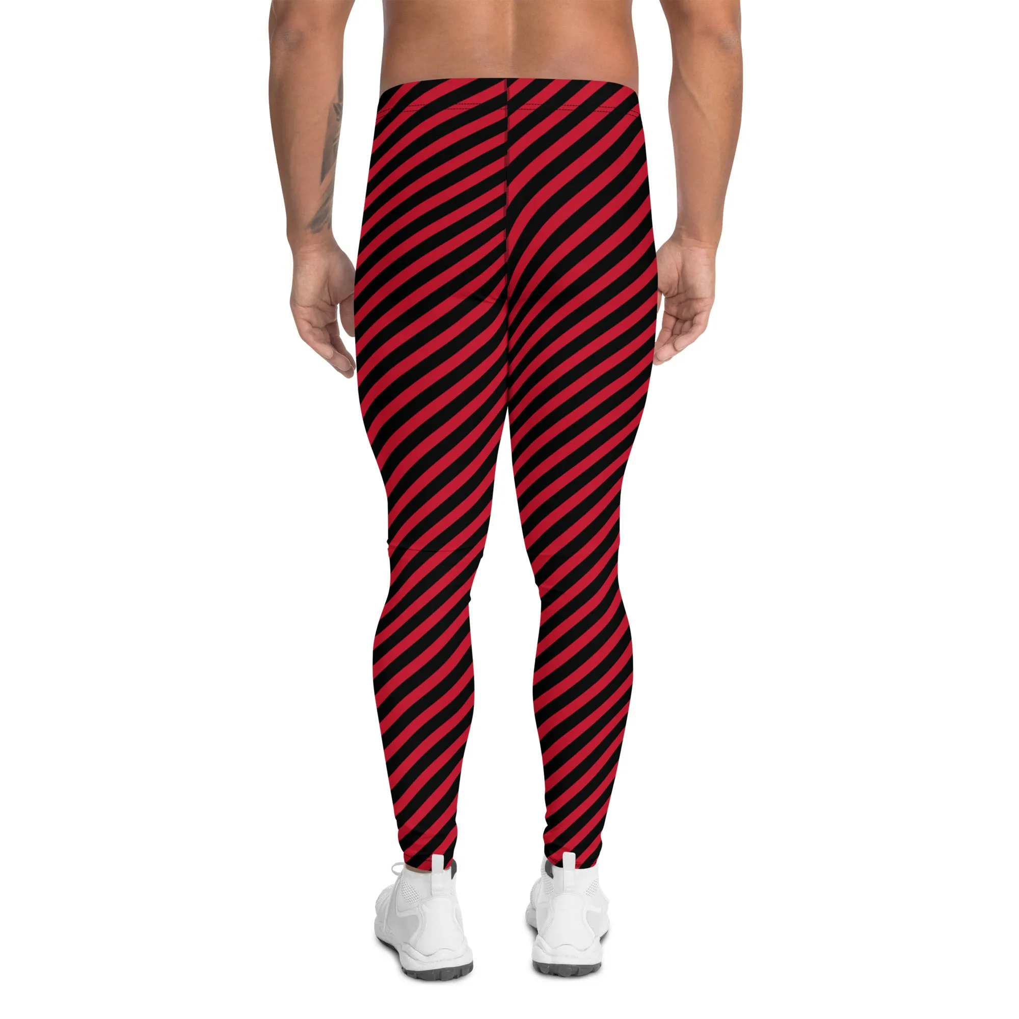 Black Red Diagonal Striped Meggings, Colorful Best Compression Tights For Men - Made in USA/EU/MX