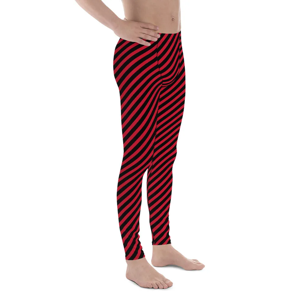 Black Red Diagonal Striped Meggings, Colorful Best Compression Tights For Men - Made in USA/EU/MX