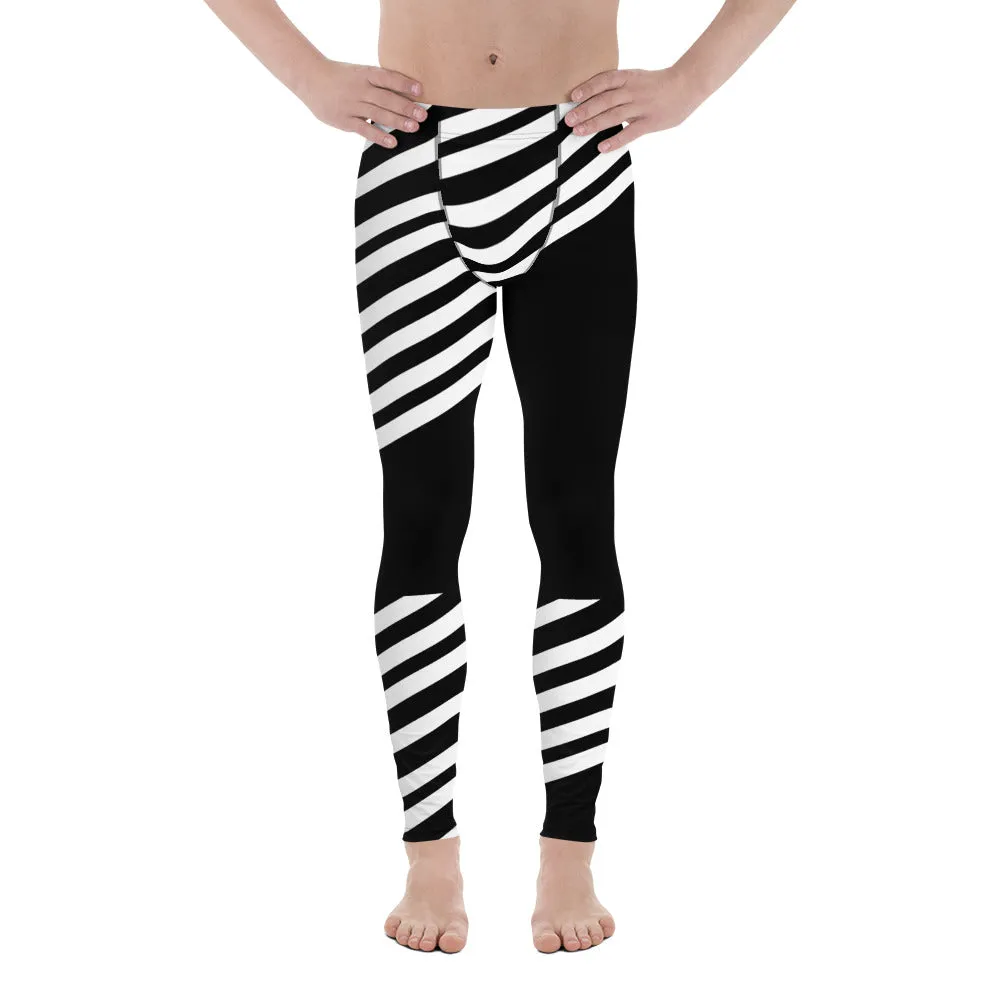 Black Striped Designer Meggings, Best Men's Leggings, Designer Minimalist Black White Modern Meggings-Made in USA/EU/MX