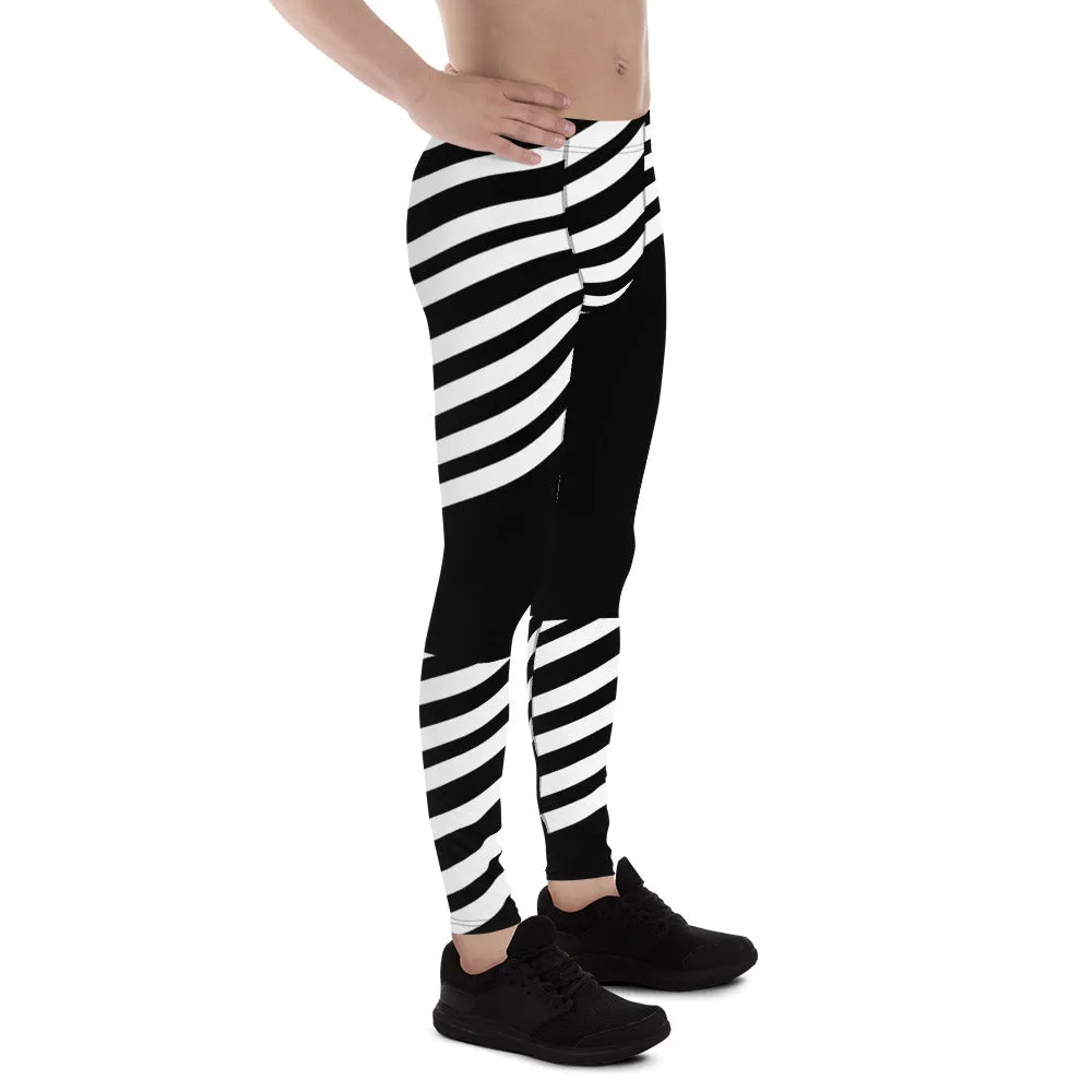 Black Striped Designer Meggings, Best Men's Leggings, Designer Minimalist Black White Modern Meggings-Made in USA/EU/MX