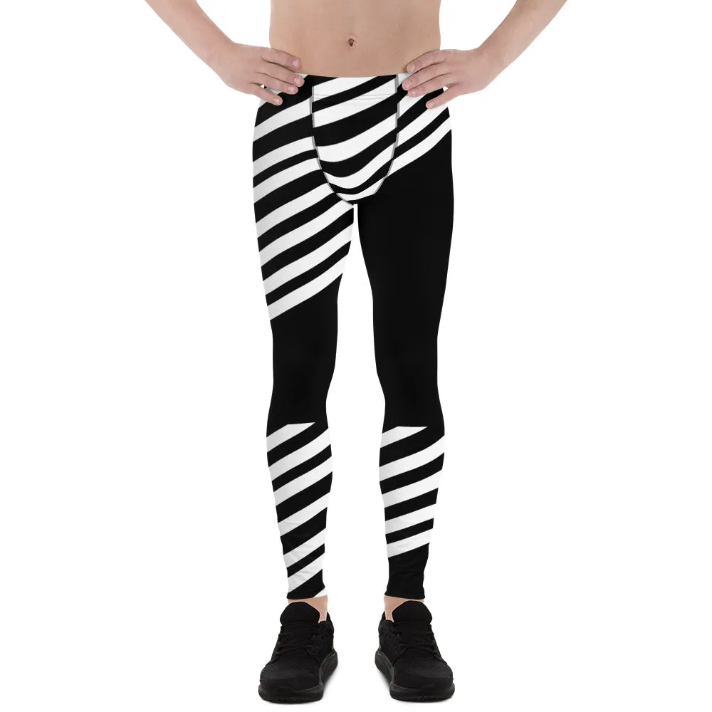 Black Striped Designer Meggings, Best Men's Leggings, Designer Minimalist Black White Modern Meggings-Made in USA/EU/MX