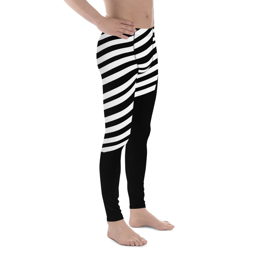 Black Striped Meggings, Designer Best Men's Leggings, Designer Minimalist Black White Modern Meggings-Made in USA/EU/MX