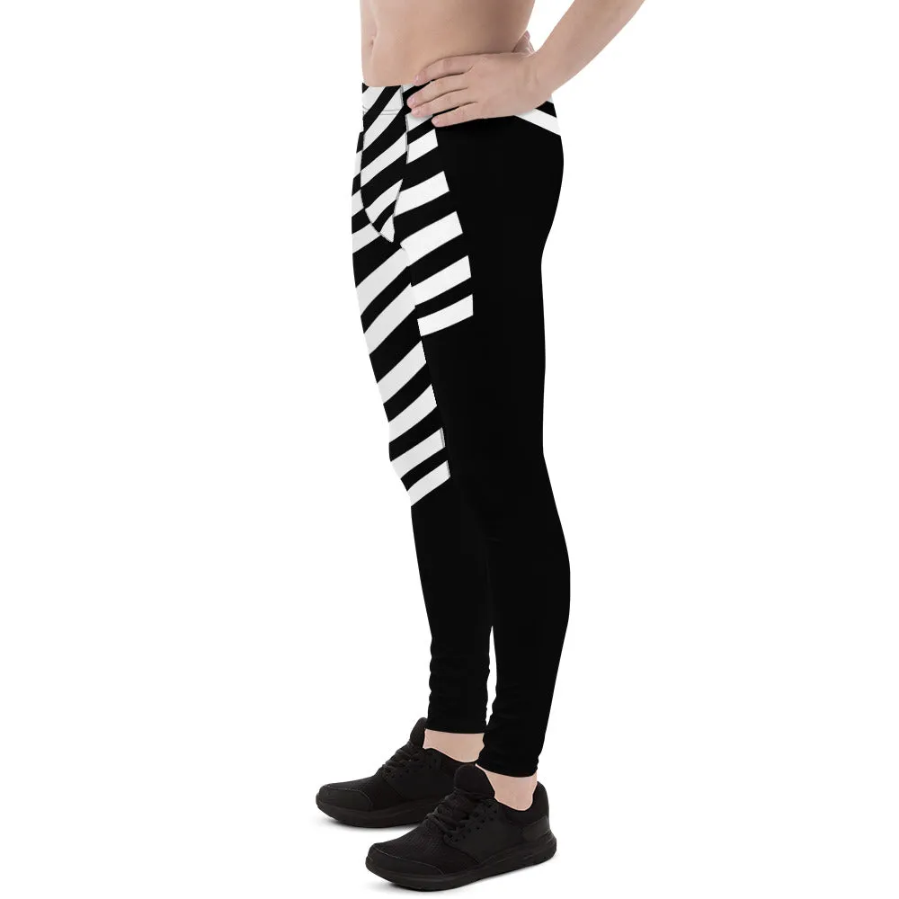 Black Striped Meggings, Designer Best Men's Leggings, Designer Minimalist Black White Modern Meggings-Made in USA/EU/MX