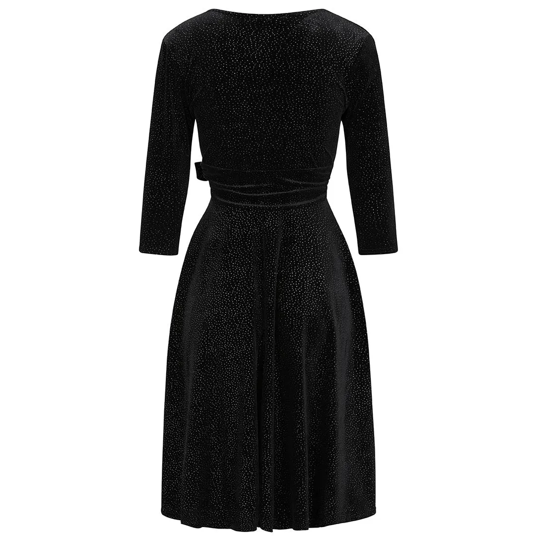 Black Velour Silver Dot 3/4 Sleeve Crossover Top Party Dress