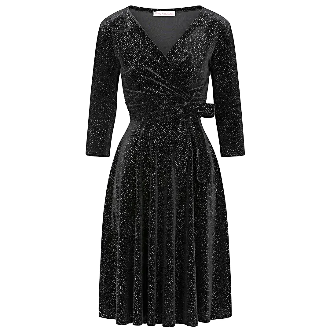 Black Velour Silver Dot 3/4 Sleeve Crossover Top Party Dress