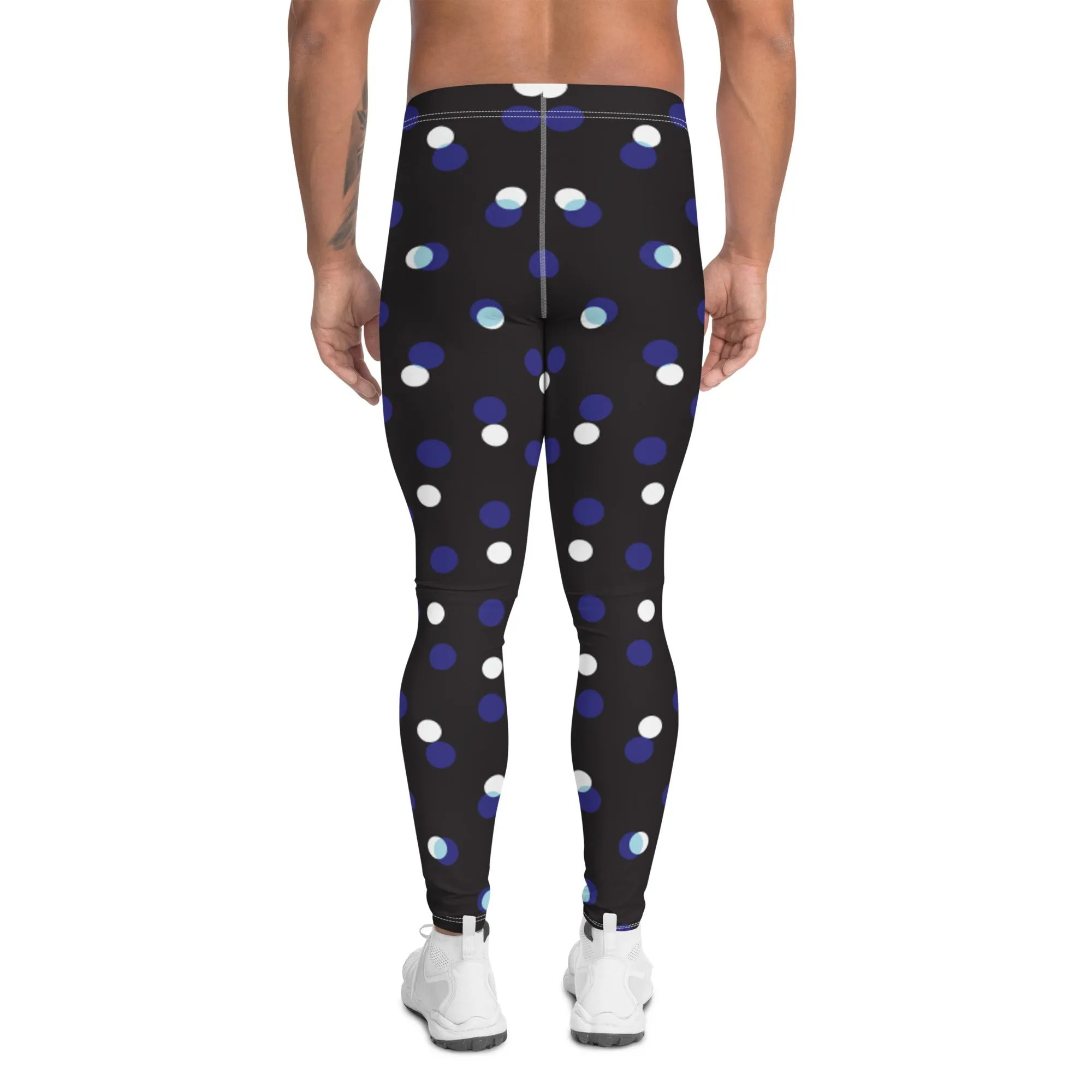 Black White Polka Dots Meggings, Best Men's Leggings Designer Running Tights- Made in USA/EU/MX