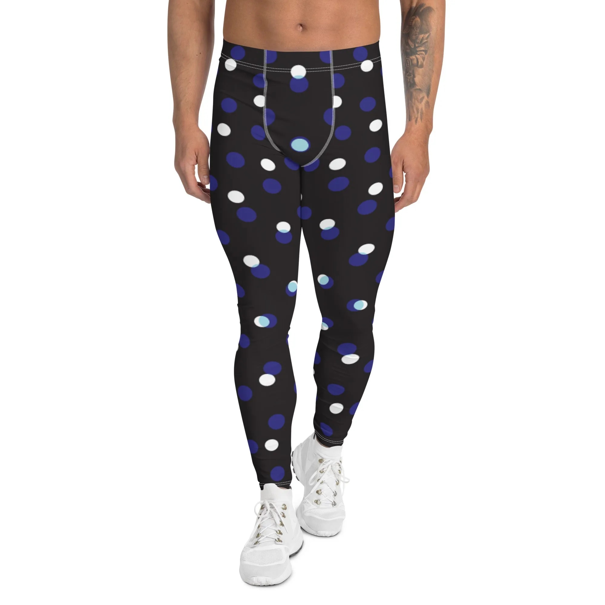 Black White Polka Dots Meggings, Best Men's Leggings Designer Running Tights- Made in USA/EU/MX