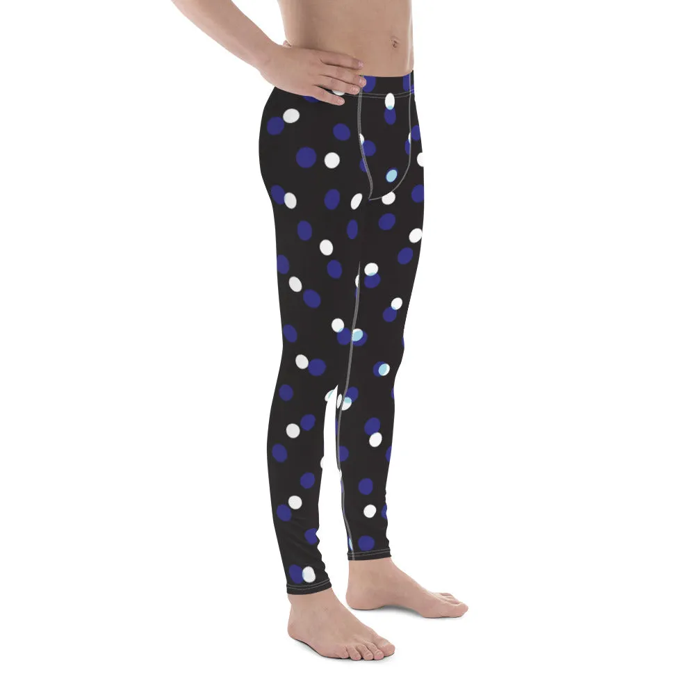 Black White Polka Dots Meggings, Best Men's Leggings Designer Running Tights- Made in USA/EU/MX