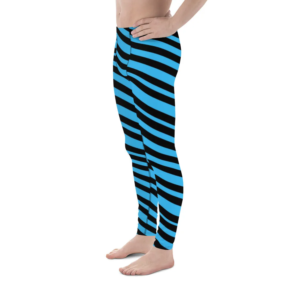 Blue Diagonal Striped Men's Leggings, Diagonally Stripes Modern Premium Running Party Tights For Men