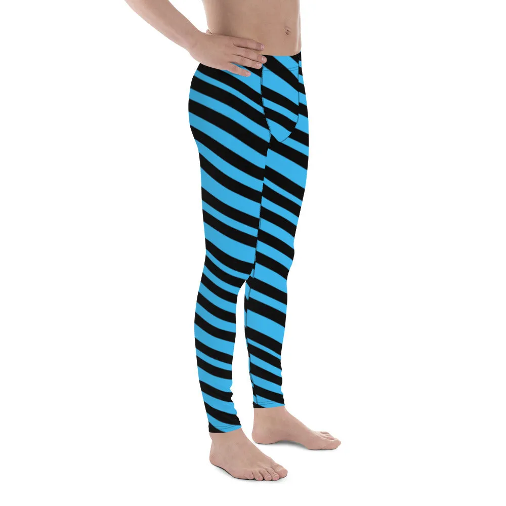 Blue Diagonal Striped Men's Leggings, Diagonally Stripes Modern Premium Running Party Tights For Men