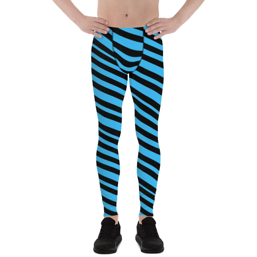 Blue Diagonal Striped Men's Leggings, Diagonally Stripes Modern Premium Running Party Tights For Men