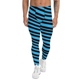 Blue Diagonal Striped Men's Leggings, Diagonally Stripes Modern Premium Running Party Tights For Men