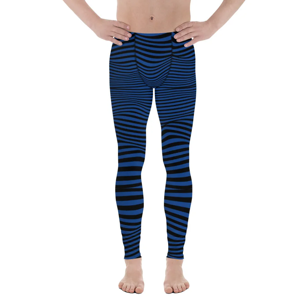 Blue Meshed Men's Leggings, Striped Premium Meggings Compression Running Tights-Made in USA/EU/MX