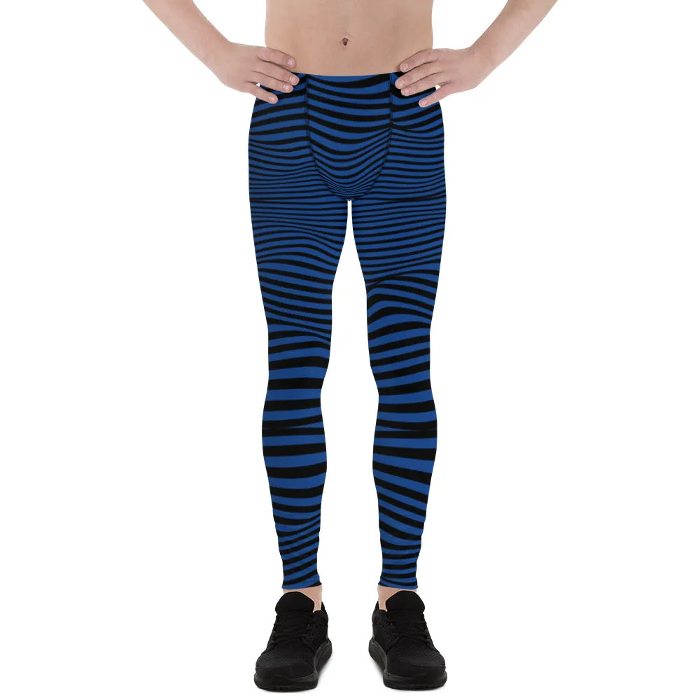 Blue Meshed Men's Leggings, Striped Premium Meggings Compression Running Tights-Made in USA/EU/MX