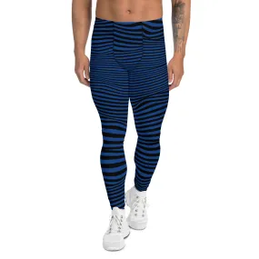 Blue Meshed Men's Leggings, Striped Premium Meggings Compression Running Tights-Made in USA/EU/MX