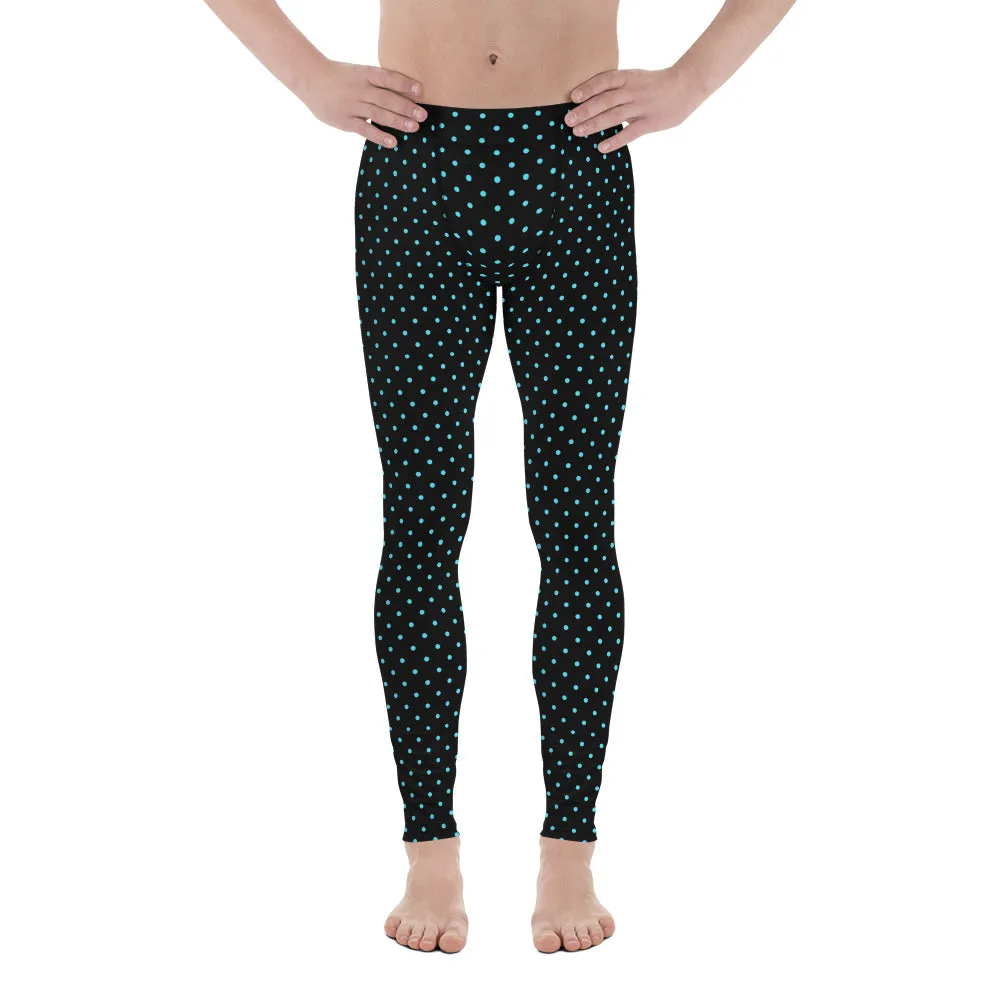 Blue Polka Dots Men's Leggings, Classic Dotted Black Run Tight Meggings-Made in USA/EU