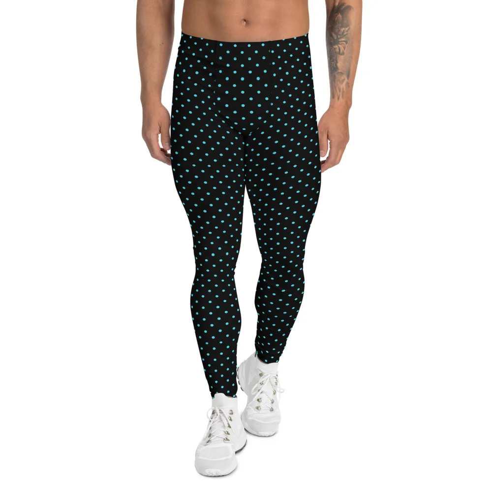 Blue Polka Dots Men's Leggings, Classic Dotted Black Run Tight Meggings-Made in USA/EU