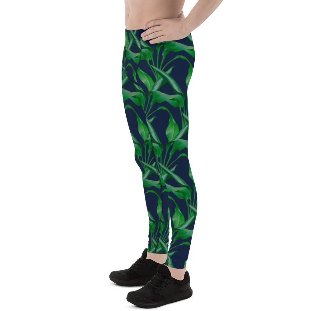 Blue Tropical Leaf Men's Leggings, Tropical Leaves Print Designer Running Compression Tights For Men - Made in USA/EU/MX