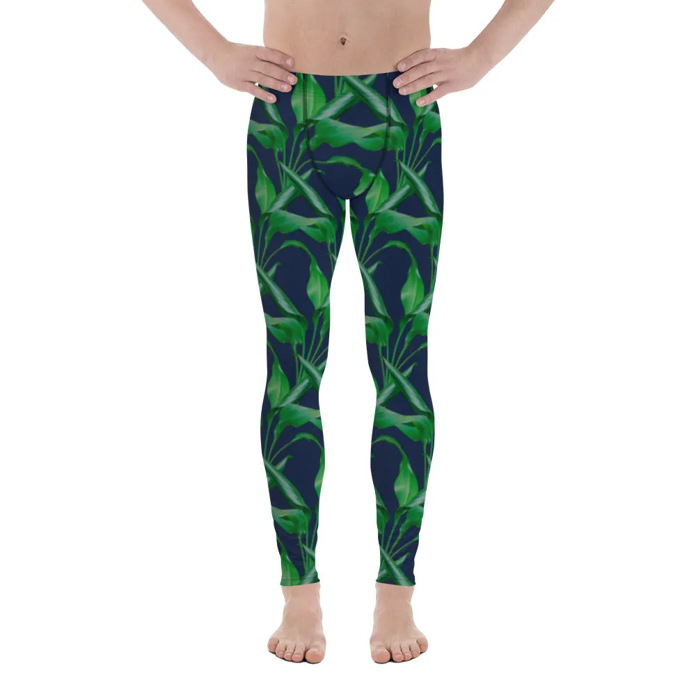 Blue Tropical Leaf Men's Leggings, Tropical Leaves Print Designer Running Compression Tights For Men - Made in USA/EU/MX