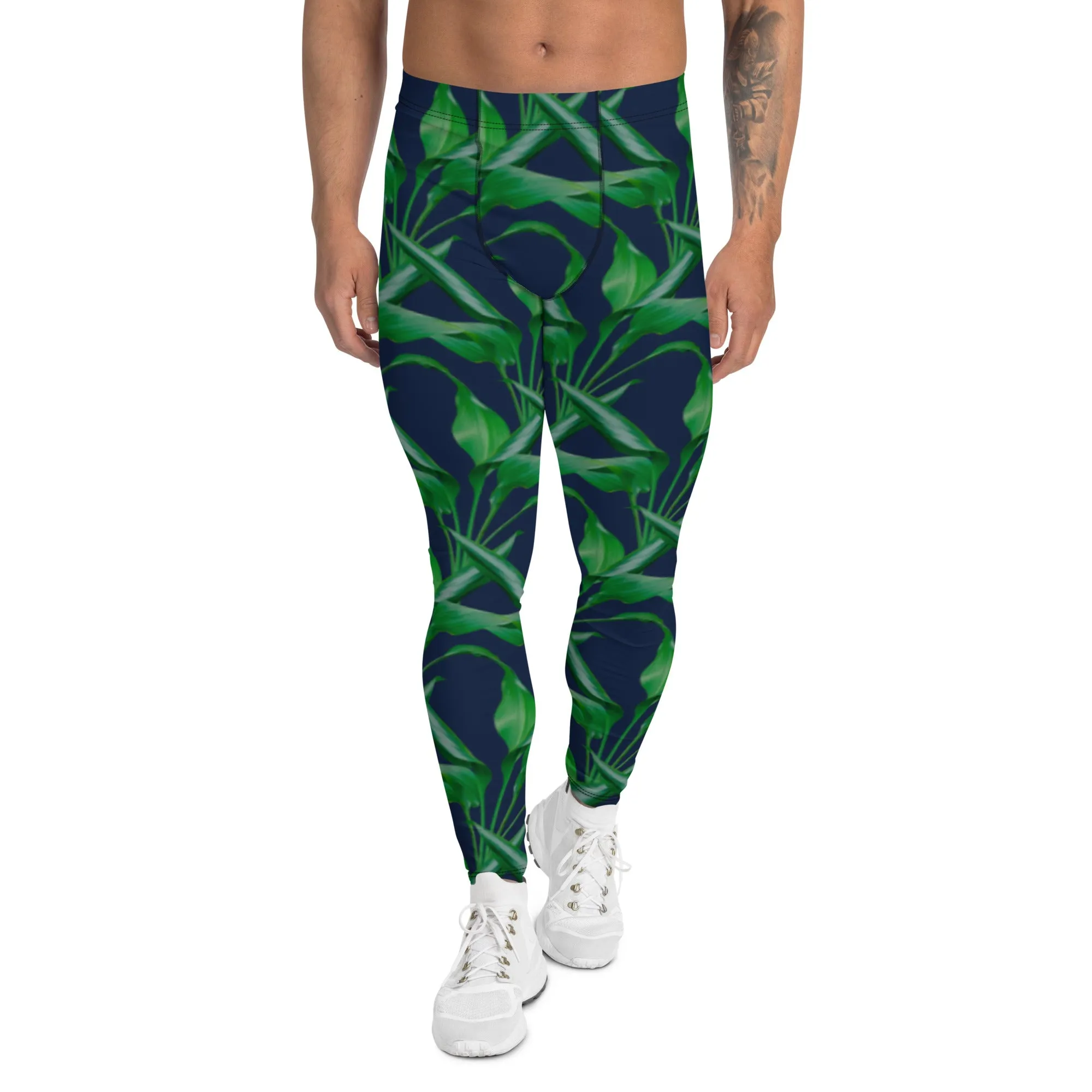 Blue Tropical Leaf Men's Leggings, Tropical Leaves Print Designer Running Compression Tights For Men - Made in USA/EU/MX