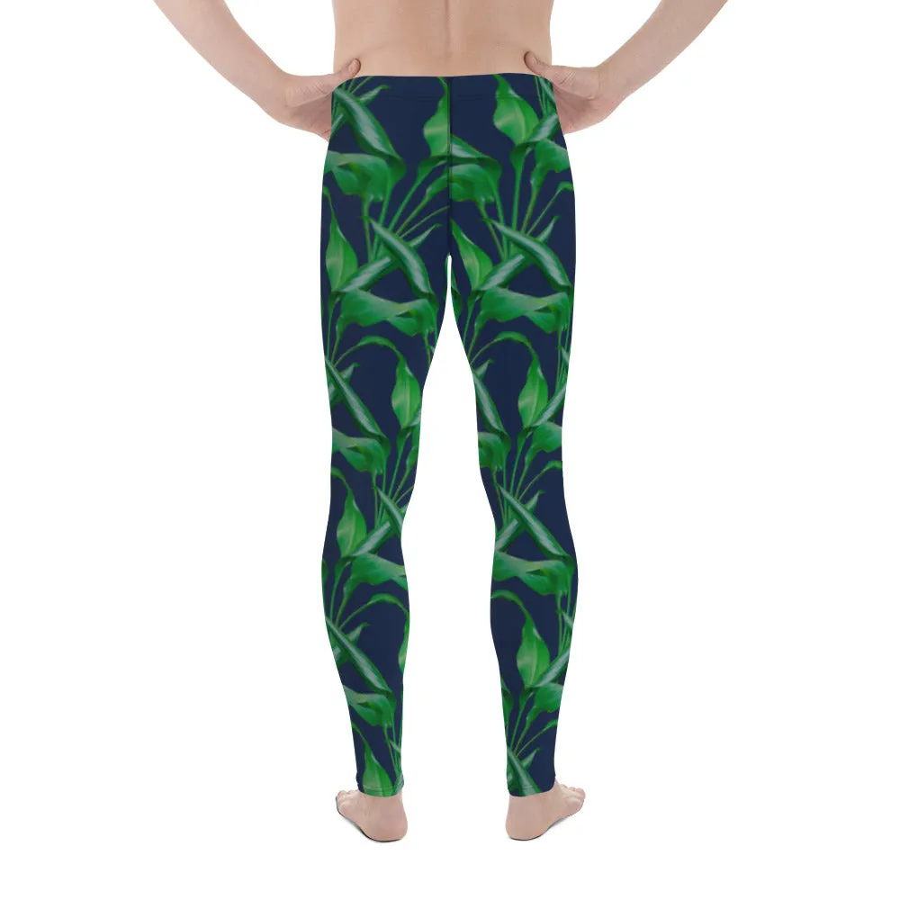 Blue Tropical Leaf Men's Leggings, Tropical Leaves Print Designer Running Compression Tights For Men - Made in USA/EU/MX