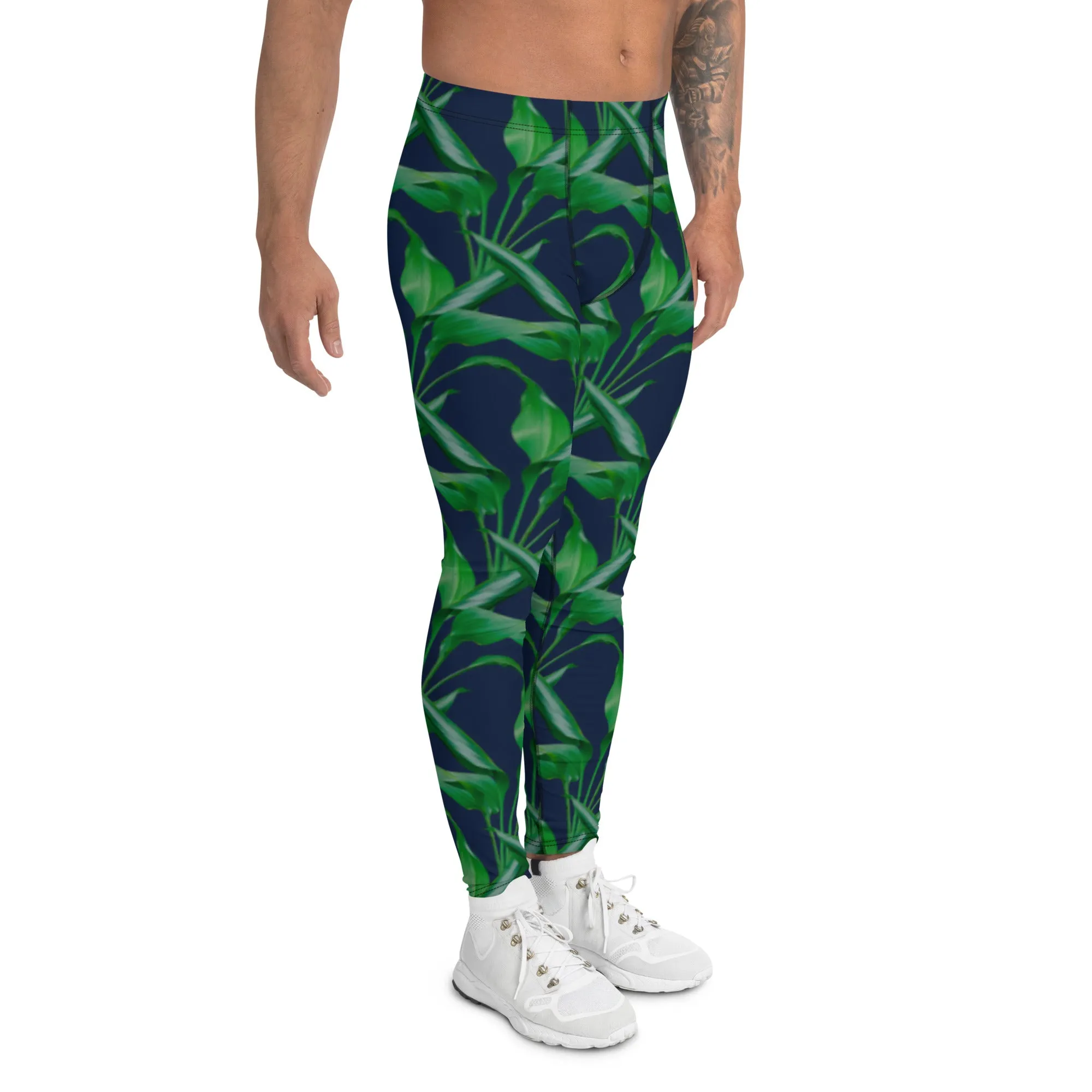 Blue Tropical Leaf Men's Leggings, Tropical Leaves Print Designer Running Compression Tights For Men - Made in USA/EU/MX